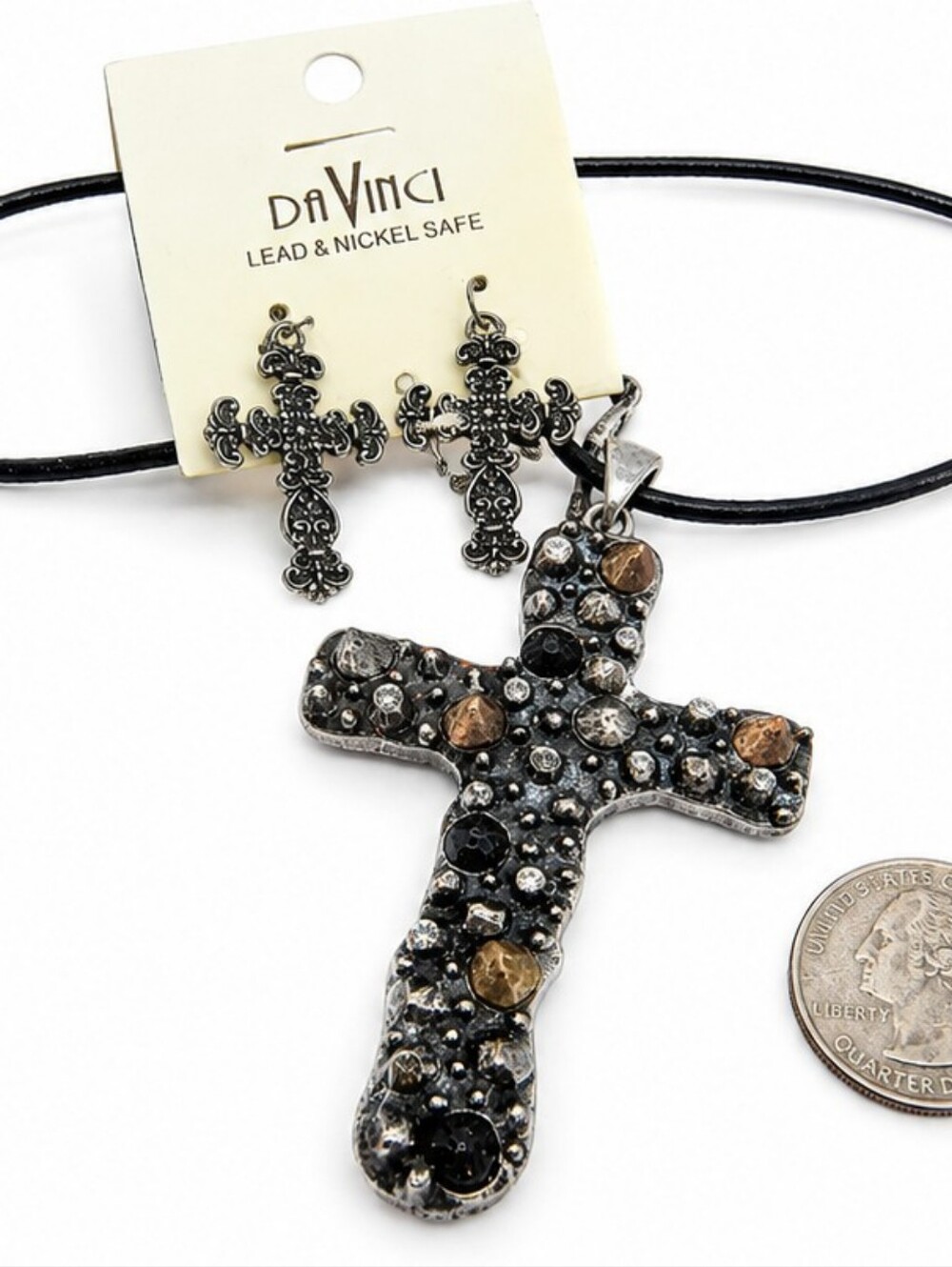 DaVinci Cross Necklace & Earrings Set NWT Silver Tone Rhinestone Black Cord Goth